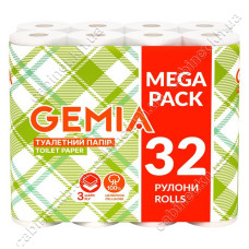 Туалетний папір Gemia 3 шари 32 рулони білий Туалетний папір Gemia 3 шари 32 рулони білий