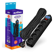 Мережевий фільтр Svittex SV-013 5 гнізд 10м з заземленням та вимикачем 3х0.75мм2 10А чорний Мережевий фільтр Svittex SV-013 5 гнізд 10м з заземленням та вимикачем 3х0.75мм2 10А чорний